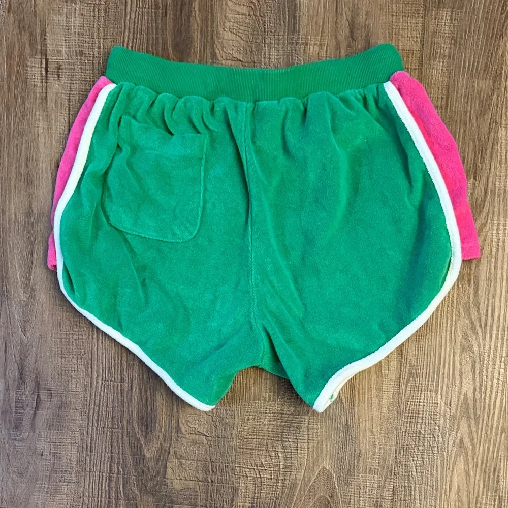 ZYIA Active Cabana Terry Cloth Shorts Green Pink Trim Drawstring Beach Size S